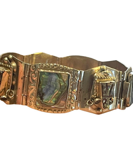Vintage Mexico Guadalupe abalone shell aztec large chunky bracelet silver alpaca