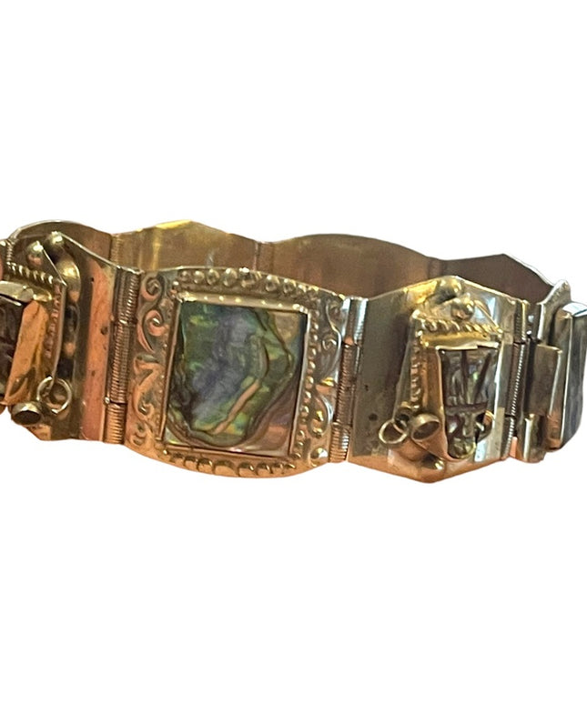 Vintage Mexico Guadalupe abalone shell aztec large chunky bracelet silver alpaca