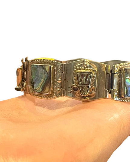 Vintage Mexico Guadalupe abalone shell aztec large chunky bracelet silver alpaca
