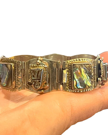 Vintage Mexico Guadalupe abalone shell aztec large chunky bracelet silver alpaca
