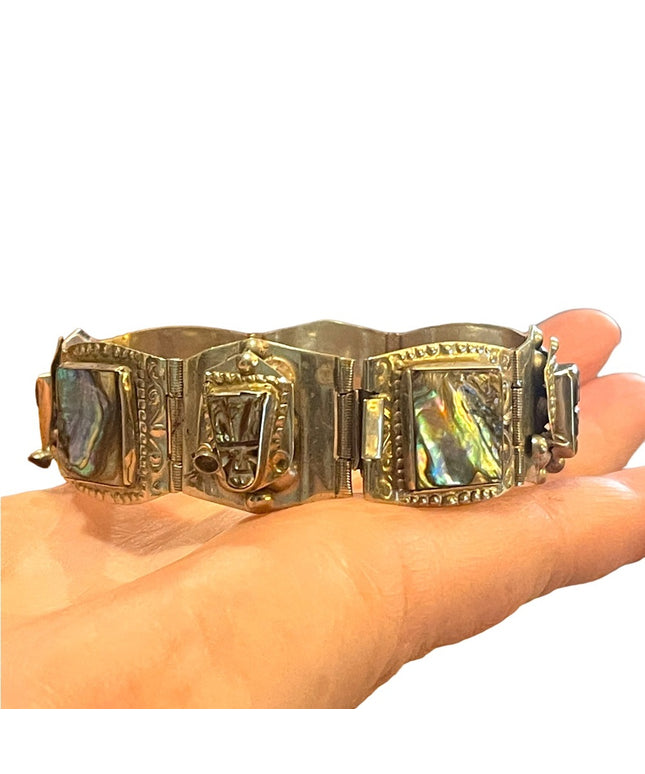 Vintage Mexico Guadalupe abalone shell aztec large chunky bracelet silver alpaca