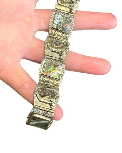 Vintage Mexico Guadalupe abalone shell aztec large chunky bracelet silver alpaca
