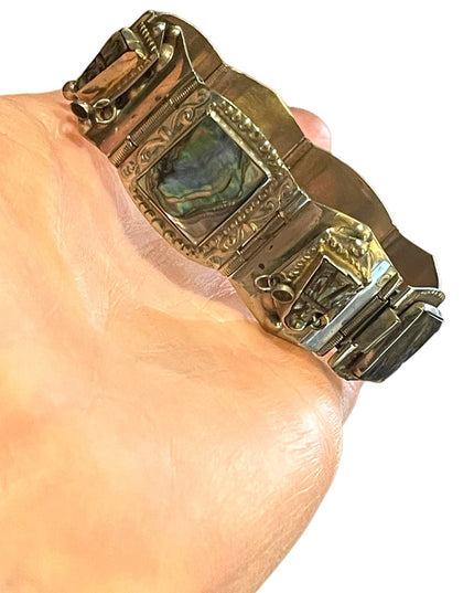 Vintage Mexico Guadalupe abalone shell aztec large chunky bracelet silver alpaca