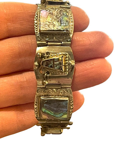 Vintage Mexico Guadalupe abalone shell aztec large chunky bracelet silver alpaca