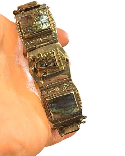 Vintage Mexico Guadalupe abalone shell aztec large chunky bracelet silver alpaca