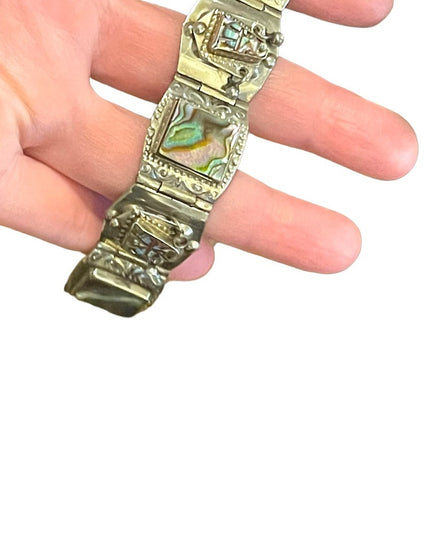 Vintage Mexico Guadalupe abalone shell aztec large chunky bracelet silver alpaca