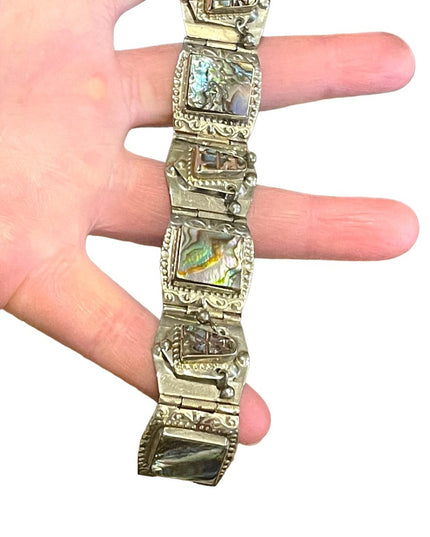 Vintage Mexico Guadalupe abalone shell aztec large chunky bracelet silver alpaca