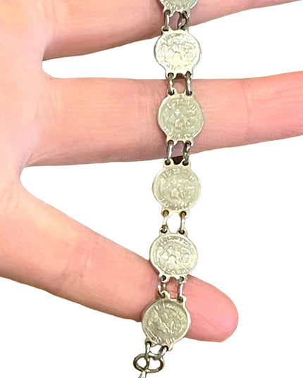 Vintage Silver Hong Kong Queen Elizabeth faux coin tourist bracelet