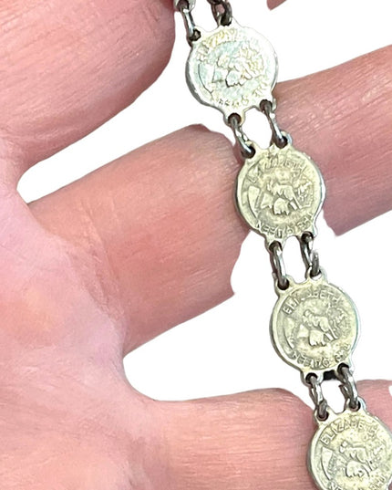 Vintage Silver Hong Kong Queen Elizabeth faux coin tourist bracelet