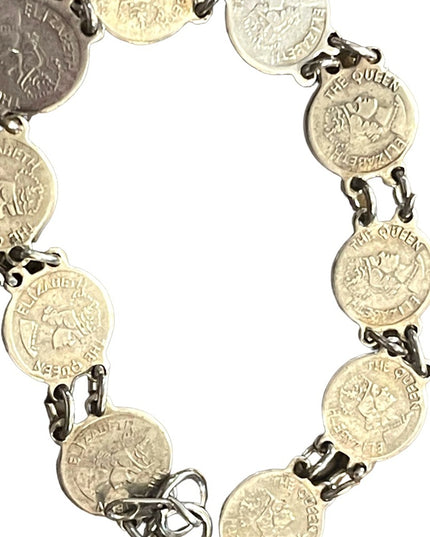 Vintage Silver Hong Kong Queen Elizabeth faux coin tourist bracelet