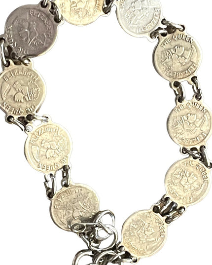 Vintage Silver Hong Kong Queen Elizabeth faux coin tourist bracelet