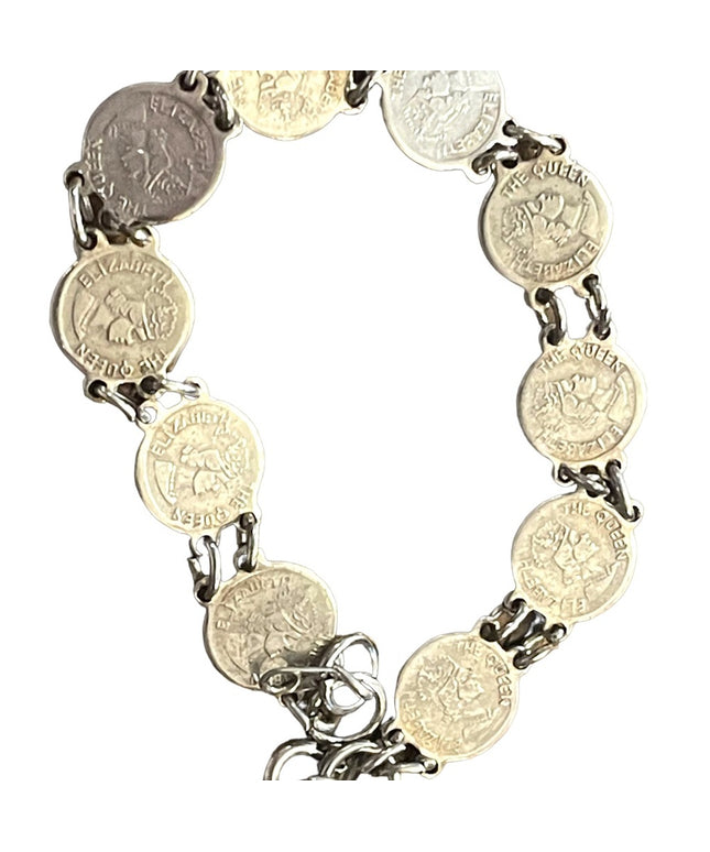 Vintage Silver Hong Kong Queen Elizabeth faux coin tourist bracelet