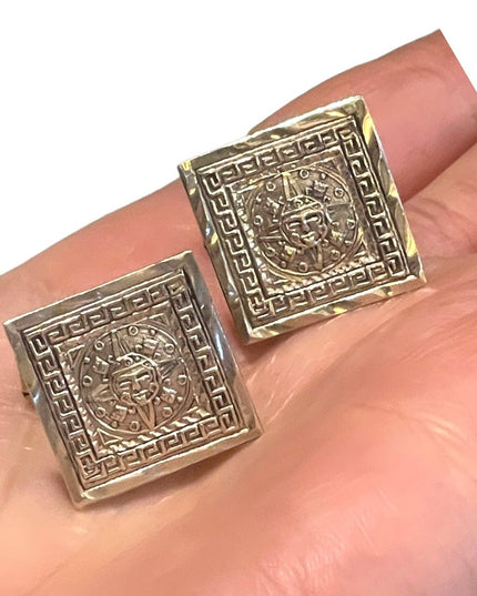 Vintage artist stamp Mexico Taxco 925 Sterling Aztec Mayan Calendar cufflinks