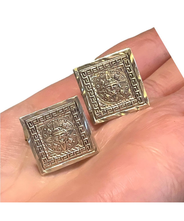 Vintage artist stamp Mexico Taxco 925 Sterling Aztec Mayan Calendar cufflinks