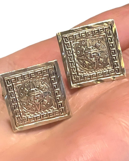 Vintage artist stamp Mexico Taxco 925 Sterling Aztec Mayan Calendar cufflinks