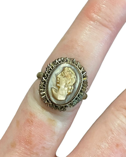Vintage Silver brassy finish shell cameo ring 1960s