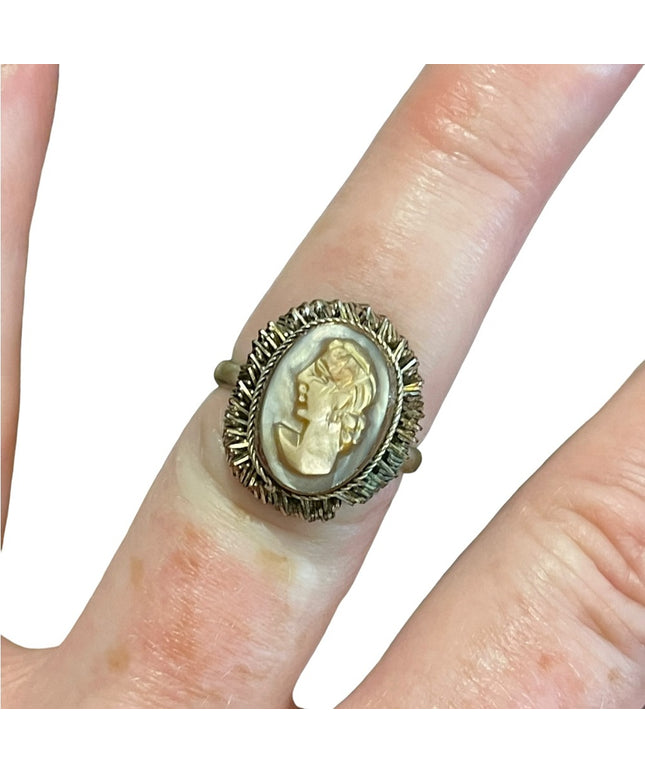 Vintage Silver brassy finish shell cameo ring 1960s