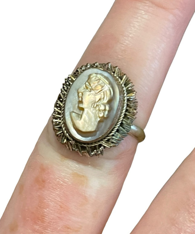 Vintage Silver brassy finish shell cameo ring 1960s