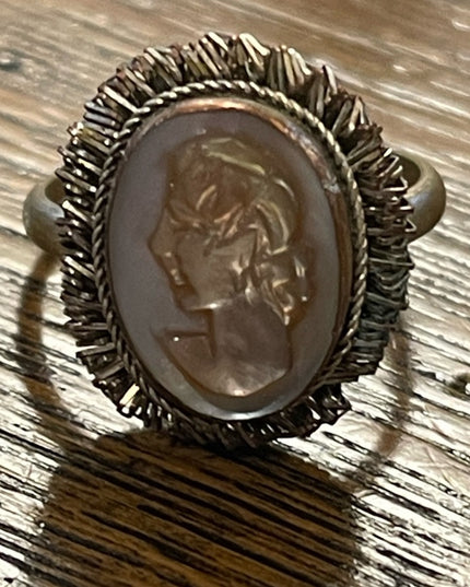 Vintage Silver brassy finish shell cameo ring 1960s