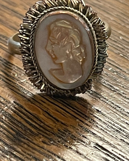 Vintage Silver brassy finish shell cameo ring 1960s