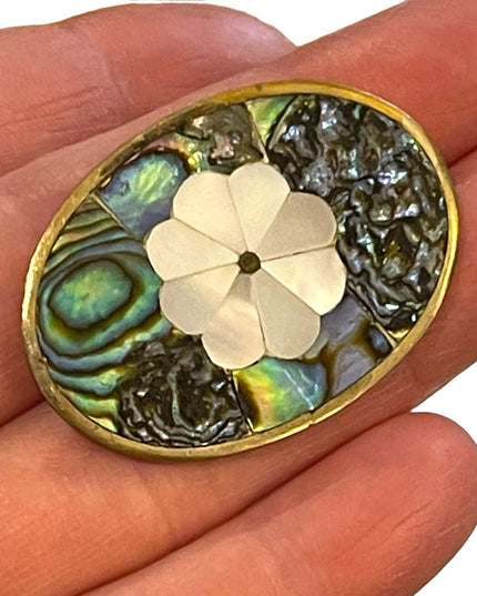 Vintage 1970s Mexico Alpaca abalone silver brassy finish brooch pendant