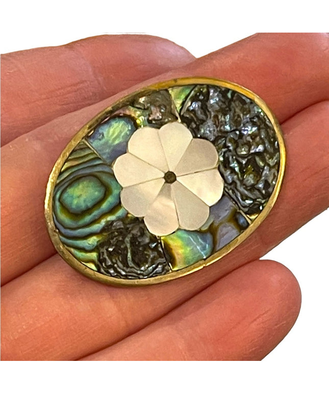 Vintage 1970s Mexico Alpaca abalone silver brassy finish brooch pendant
