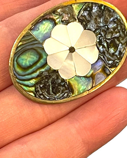 Vintage 1970s Mexico Alpaca abalone silver brassy finish brooch pendant