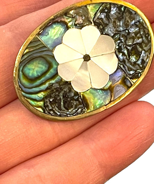 Vintage 1970s Mexico Alpaca abalone silver brassy finish brooch pendant