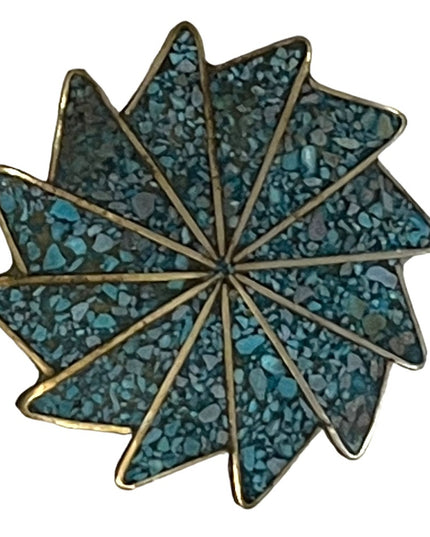 Vintage Alpaca Mexico Crushed stone turquois Silver finish Starburst brooch