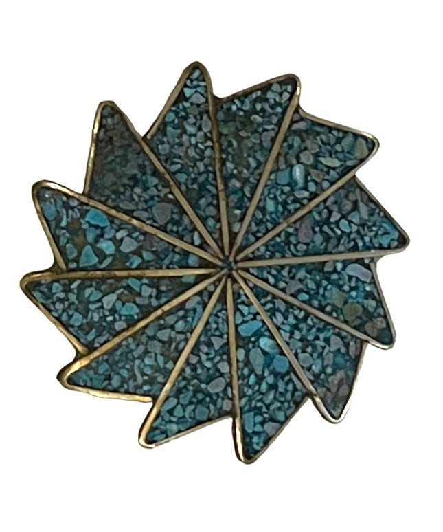 Vintage Alpaca Mexico Crushed stone turquois Silver finish Starburst brooch