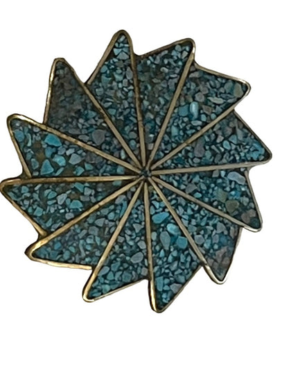 Vintage Alpaca Mexico Crushed stone turquois Silver finish Starburst brooch