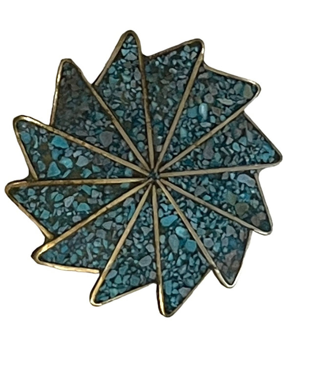 Vintage Alpaca Mexico Crushed stone turquois Silver finish Starburst brooch
