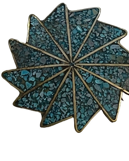Vintage Alpaca Mexico Crushed stone turquois Silver finish Starburst brooch