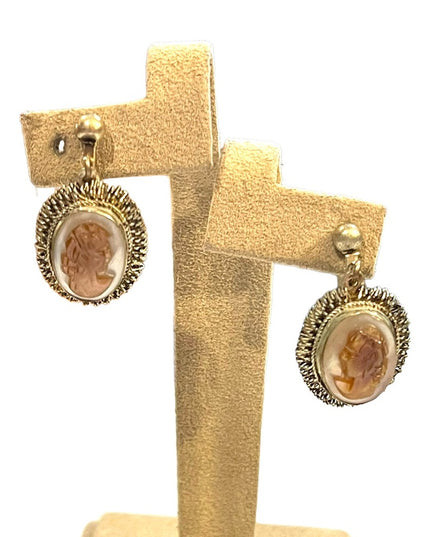 Vintage German silver Abalone shell CAMEO screw back dangle earrings fancy