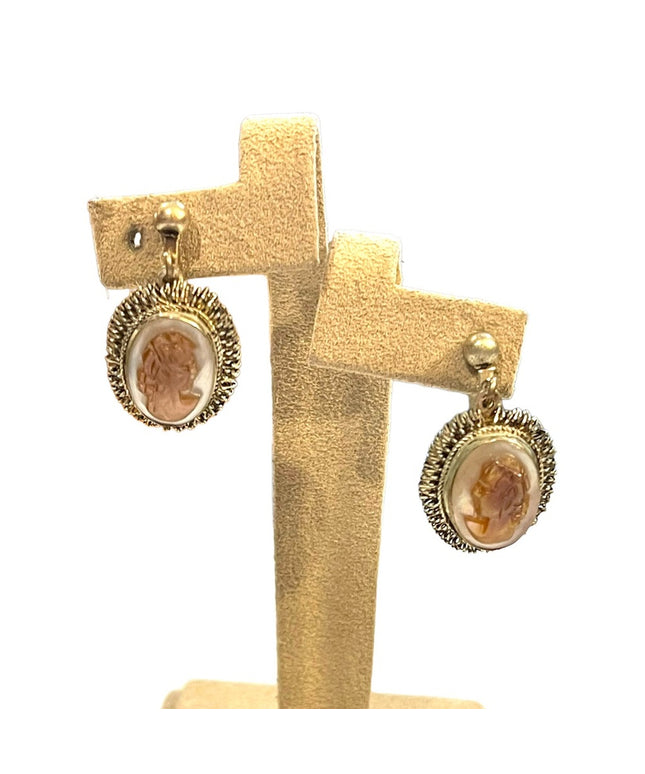 Vintage German silver Abalone shell CAMEO screw back dangle earrings fancy
