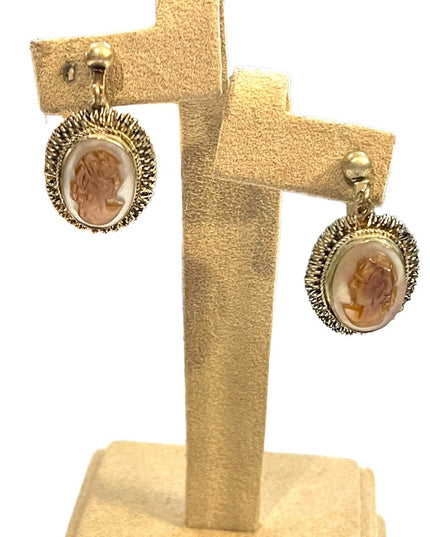 Vintage German silver Abalone shell CAMEO screw back dangle earrings fancy