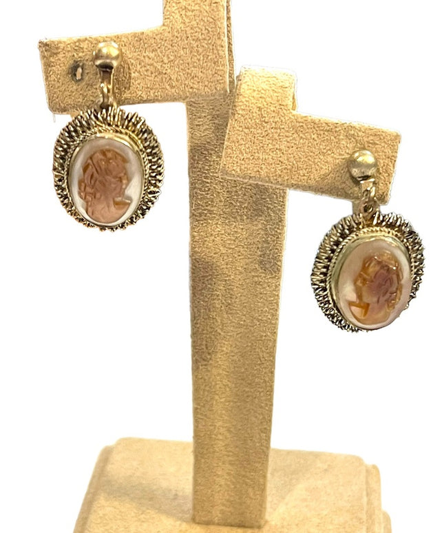Vintage German silver Abalone shell CAMEO screw back dangle earrings fancy