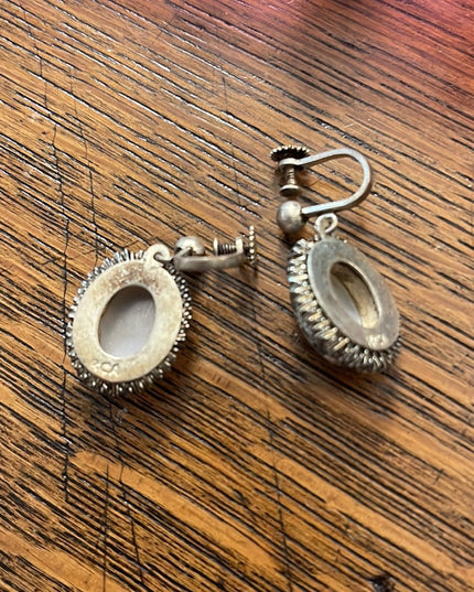Vintage German silver Abalone shell CAMEO screw back dangle earrings fancy