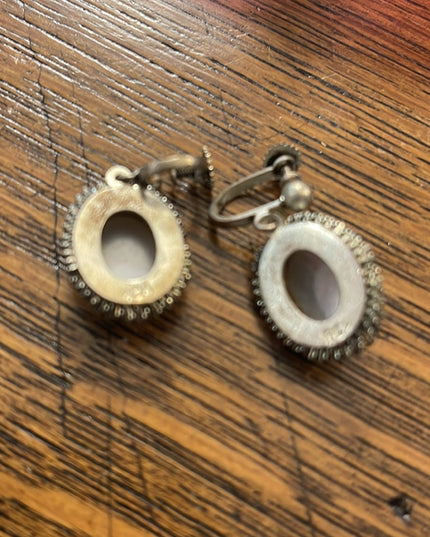 Vintage German silver Abalone shell CAMEO screw back dangle earrings fancy
