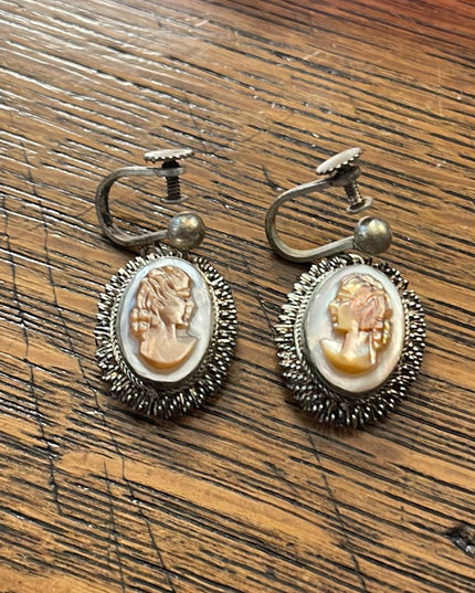 Vintage German silver Abalone shell CAMEO screw back dangle earrings fancy