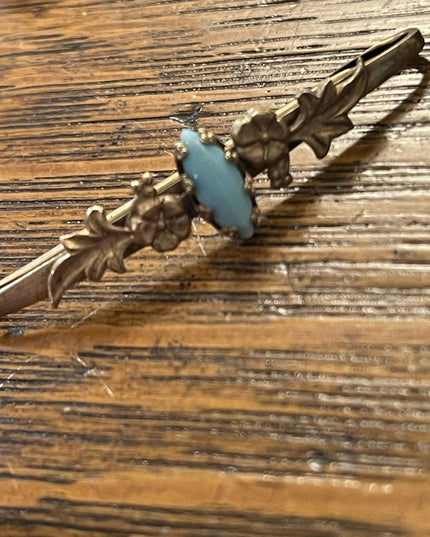 Antique Victorian German silver handmade ornate flowers blue glass bar brooch