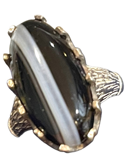 Antique 950 Silver striped Black onyx Handmade oblong Brutalist ring