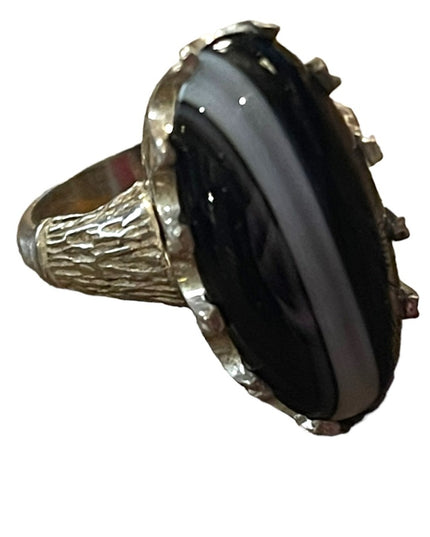 Antique 950 Silver striped Black onyx Handmade oblong Brutalist ring