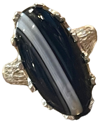 Antique 950 Silver striped Black onyx Handmade oblong Brutalist ring