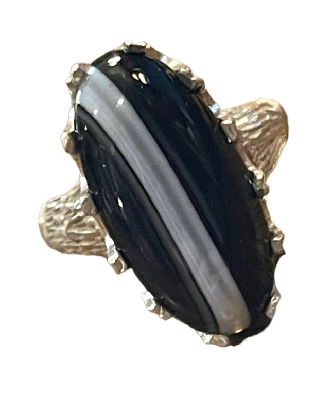 Antique 950 Silver striped Black onyx Handmade oblong Brutalist ring