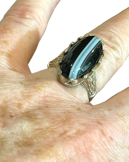 Antique 950 Silver striped Black onyx Handmade oblong Brutalist ring
