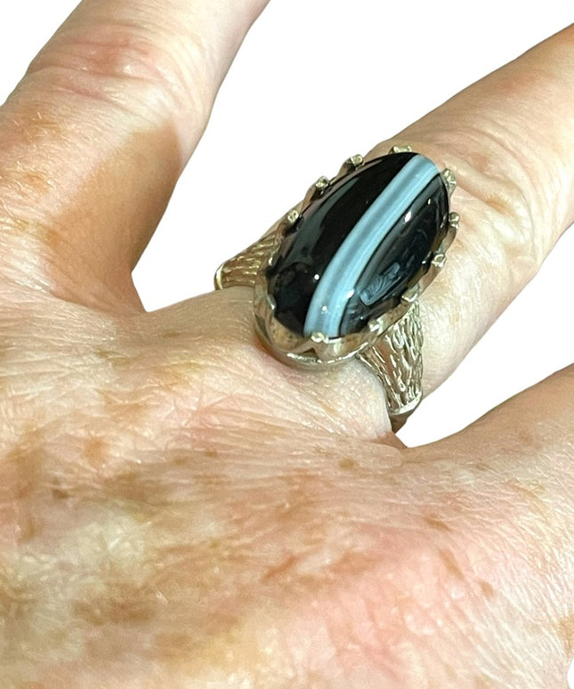 Antique 950 Silver striped Black onyx Handmade oblong Brutalist ring