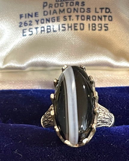 Antique 950 Silver striped Black onyx Handmade oblong Brutalist ring