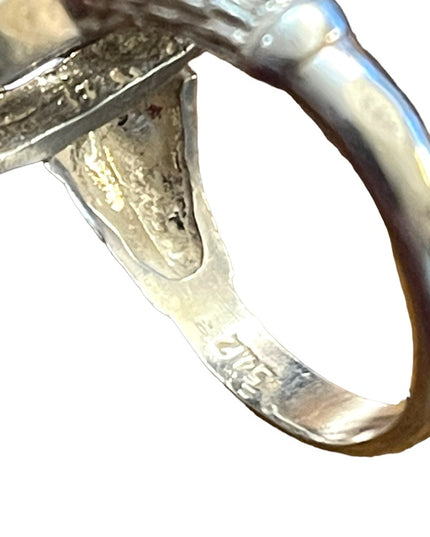 Antique 950 Silver striped Black onyx Handmade oblong Brutalist ring