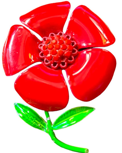 Vintage red flower With rhinestones metal brooch 1970s